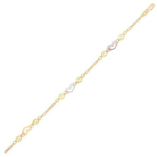 14k Tri-Color Gold Anklet with Multi Color Heart Stations, size 10''
