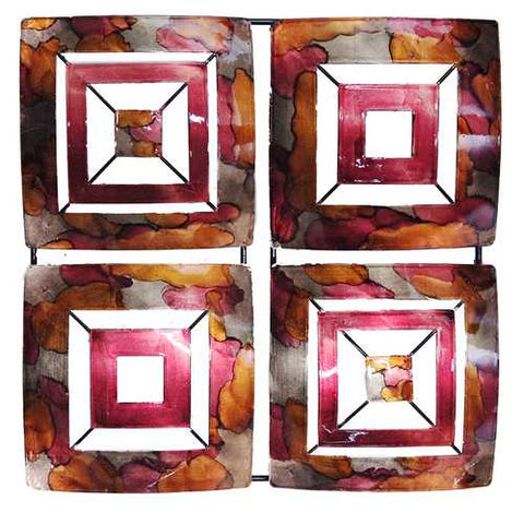 16" X 2.75" X 16" Burgundy Copper And Brown Metal 4 Panel Square Wall Decor