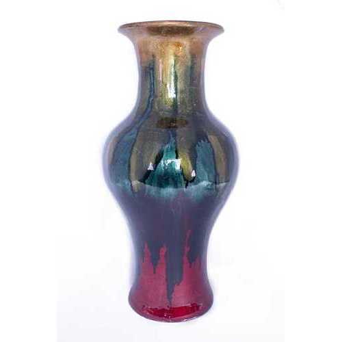 13" X 13" X 25" Gold, Green And Red Ceramic  Foiled & Lacquered Ceramic Vase