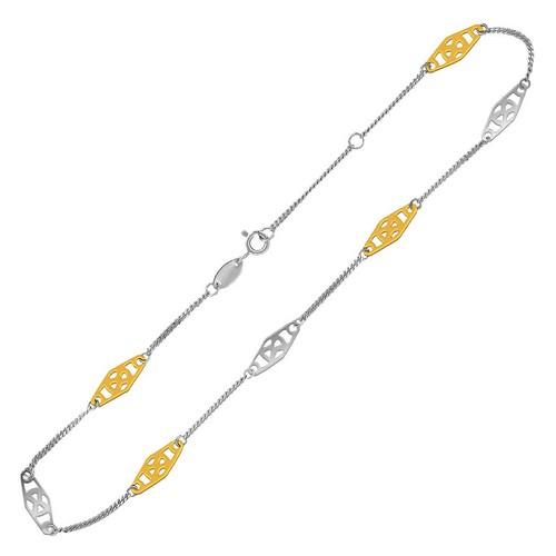 14k Yellow Gold and Sterling Silver Anklet with Rounded Diamond Shape Stations, size 10''
