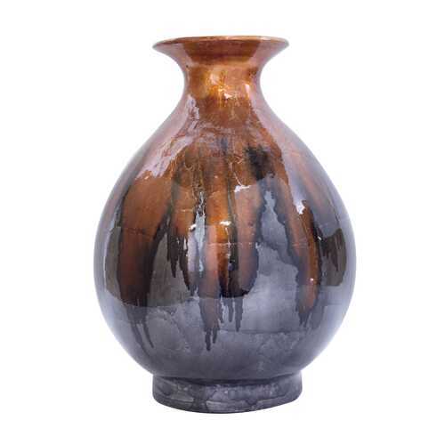14.5" X 14.5" X 19" Copper Pewter Ceramic Foiled and Lacquered Round Water Jar Vase