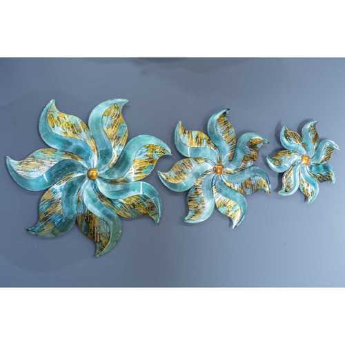 29" X 2" X 29" Turquoise  Copper and Bronze Metal Large Flower Wall Decor