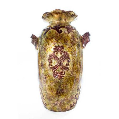 Rea Brown Amber Burgundy Green Ceramic Foil and Lacquer Ruffle Vase