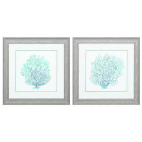 19" X 19" Distressed Wood Toned Frame Teal Coral On White (Set of 2)