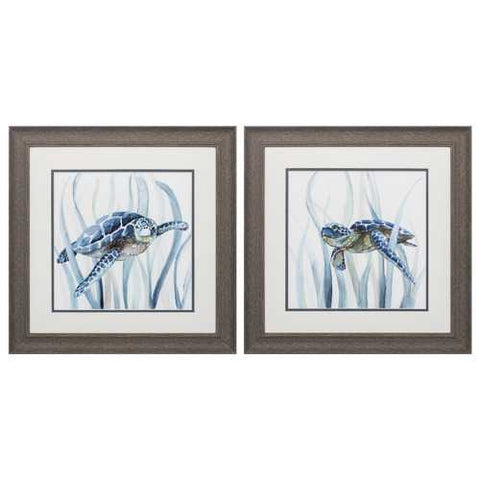 19" X 19" Distressed Wood Toned Frame Turtle In Grass (Set of 2)