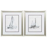 19" X 22" Aged Silver Frame Coastal Boat Sketch (Set of 2)