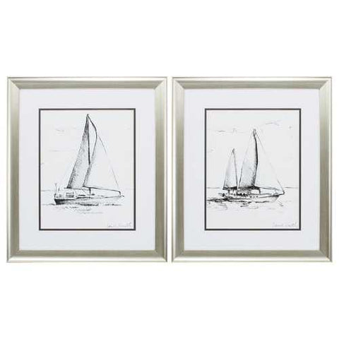 19" X 22" Aged Silver Frame Coastal Boat Sketch (Set of 2)