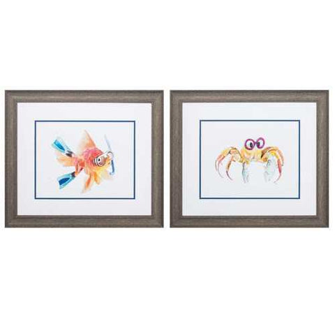 22" X 19" Distressed Wood Toned Frame Fish Crab (Set of 2)