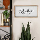 "Adventure Awaits" Natural White Wood Framed Wall Art