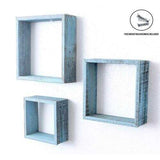 Set of 3 Square Robins Egg Blue Reclaimed Wood Open Box Shelve