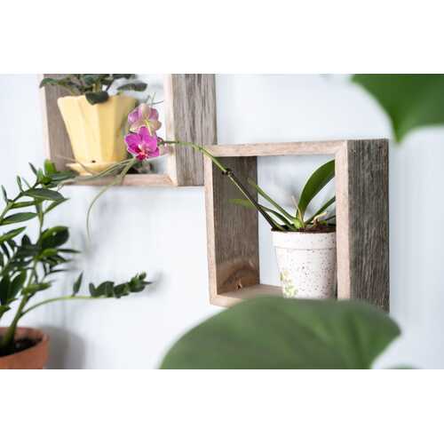 Set of 3 Square Smoky Black Reclaimed Wood Open Box Shelve