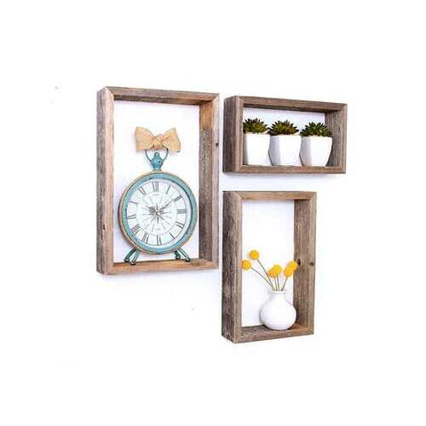 Set of 3 Rectangle Rustic Natural Weathered Grey Wood Open Box Shelve