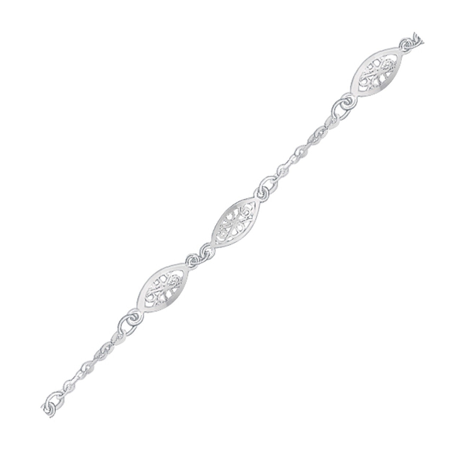 14k White Gold Filigree Marquise Stationed Anklet, size 10''