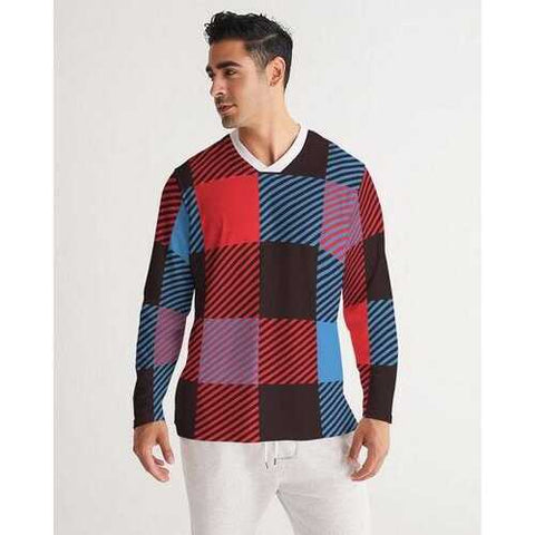 Mens Shirts, Red Blue and Black Flannel Style Long Sleeve Sports Jersey Shirt
