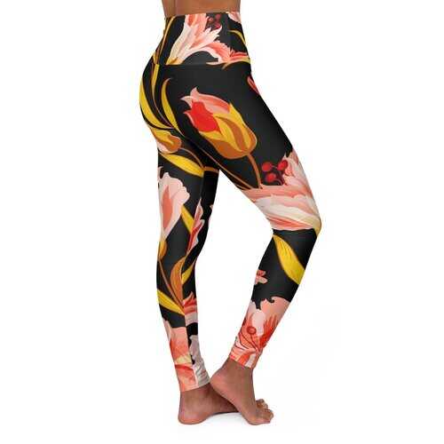High Waisted Yoga Leggings, Pink and Gold Floral