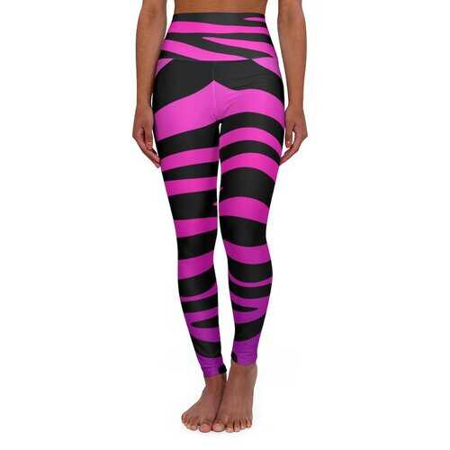 High Waisted Yoga Leggings, Purple and Black Stripes