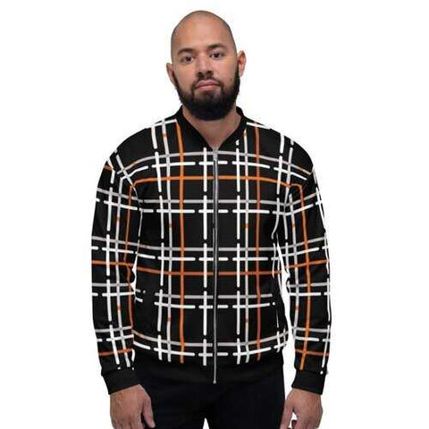 Mens Jackets, Black and Orange Tartan Style Bomber Jacket