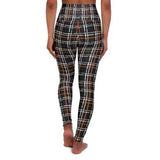 High Waisted Yoga Leggings, Black and Orange Tartan Style Pants