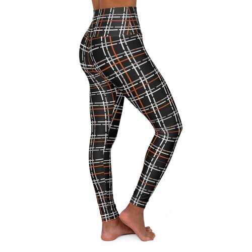 High Waisted Yoga Leggings, Black and Orange Tartan Style Pants
