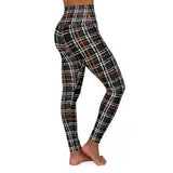 High Waisted Yoga Leggings, Black and Orange Tartan Style Pants