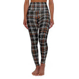 High Waisted Yoga Leggings, Black and Orange Tartan Style Pants