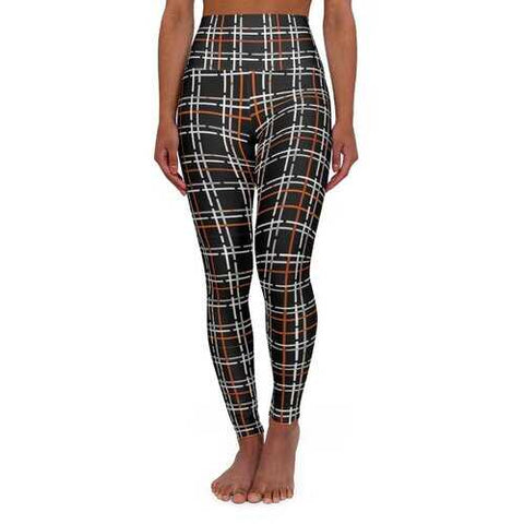 High Waisted Yoga Leggings, Black and Orange Tartan Style Pants