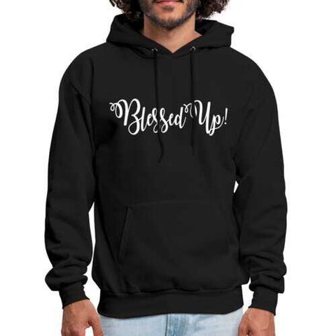 Mens Hoodies, Blessed Up White Graphic Text Classic Hooded Shirt
