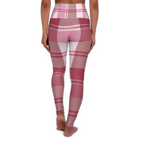 Womens Leggings, Pink and White Plaid Style High Waisted Fitness Pants