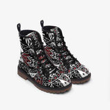 Leather Boots, Black and Red Floral Style Martin Boots