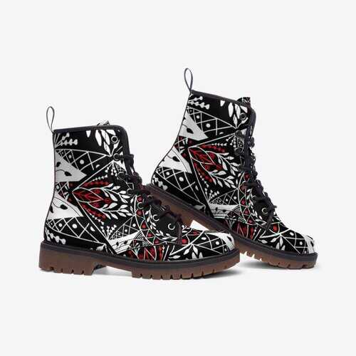 Leather Boots, Black and Red Floral Style Martin Boots