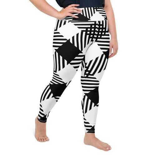 Womens Athletic Pants, Black and White Plaid Style Plus Size High Waist Yoga Leggings