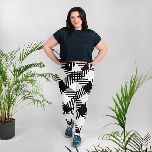 Womens Athletic Pants, Black and White Plaid Style Plus Size High Waist Yoga Leggings
