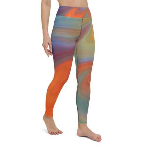 Womens Athletic Pants, Orange Swirl Black Seam Style High Waist Yoga Leggings