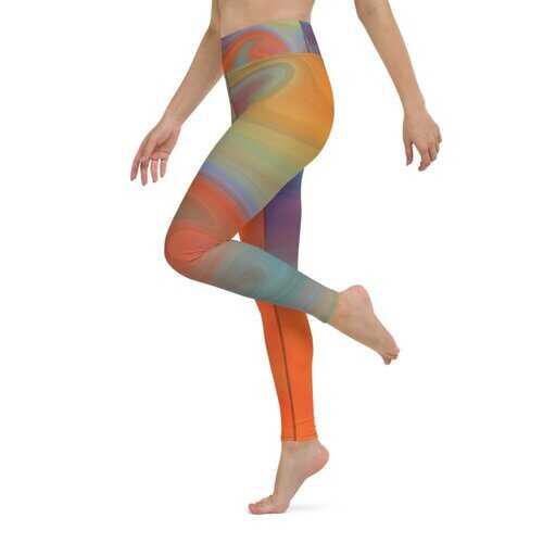 Womens Athletic Pants, Orange Swirl Black Seam Style High Waist Yoga Leggings