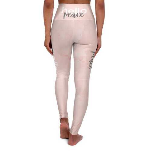 High Waisted Yoga Leggings, Peach Marble Hello Peace Graphic Style Fitness Pants