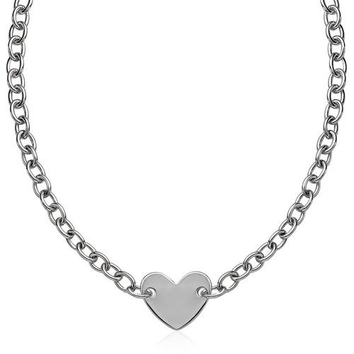Sterling Silver Rhodium Plated Chain Bracelet with a Flat Heart Motif Station, size 18''
