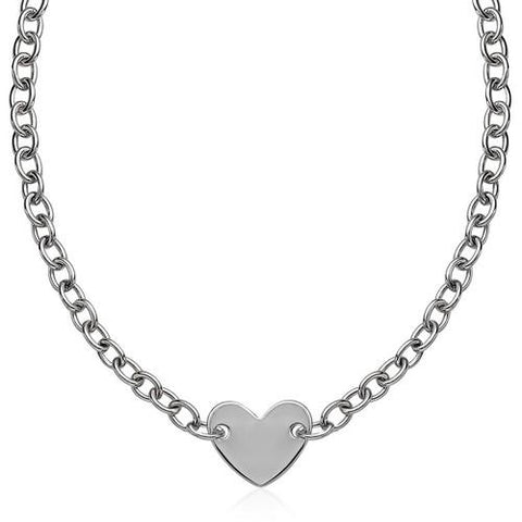 Sterling Silver Rhodium Plated Chain Bracelet with a Flat Heart Motif Station, size 18''