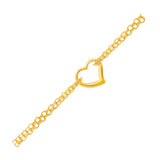 14k Yellow Gold Double Rolo Chain Anklet with an Open Heart Station, size 10''