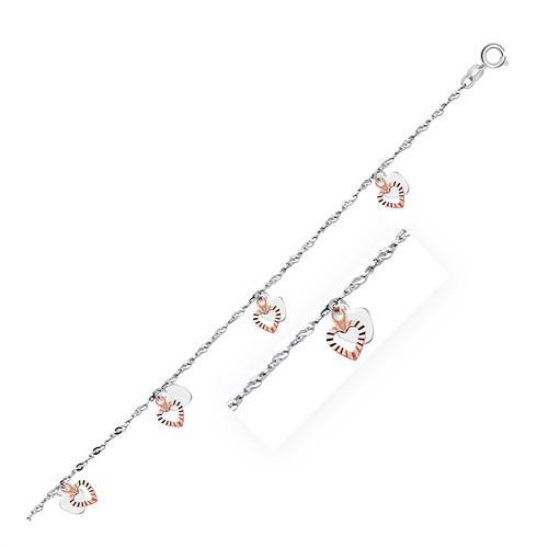 14k White and Rose Gold Anklet with Dual Heart Charms, size 10''