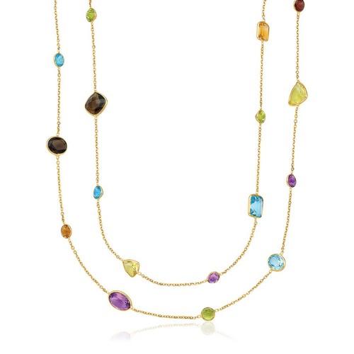 14k Yellow Gold Double Layer Multi Gem Necklace, size 30''