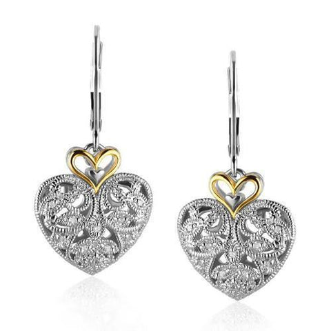 14k Yellow Gold and Sterling Silver Intricate Filigree Heart Drop Earrings
