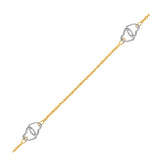 14k Two Tone Gold Entwined Heart Stationed Anklet, size 10''