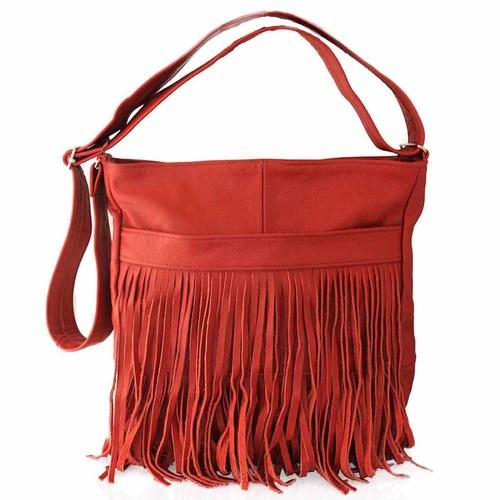 AFONiE Red Messenger Fringe Leather Handbag