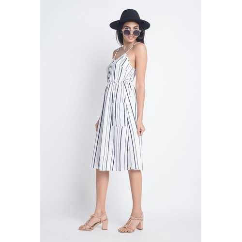 Women's Striped Button Midi Sleeveless Dress