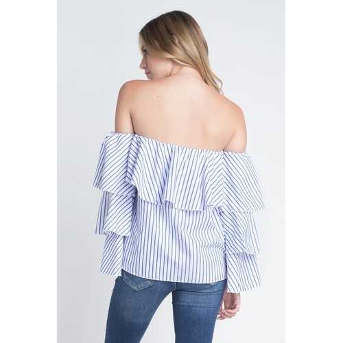 Women's Off Shoulder Stripe Ruffle Long Sleeve Top