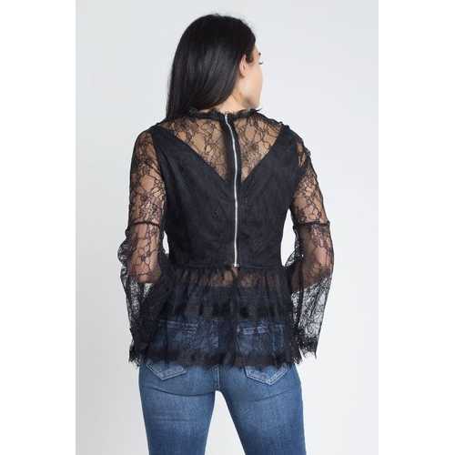 Women's Semi Lace Zipper Back Flare Sleeve Blouse
