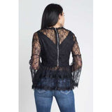 Women's Semi Lace Zipper Back Flare Sleeve Blouse