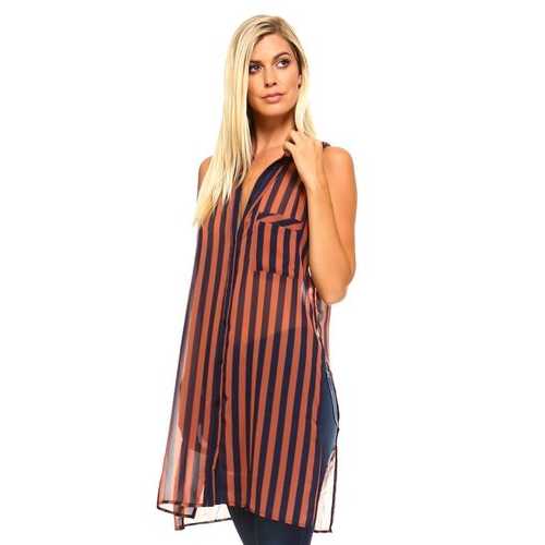Women's Long Sheer Sleeveless Stripe Blouse
