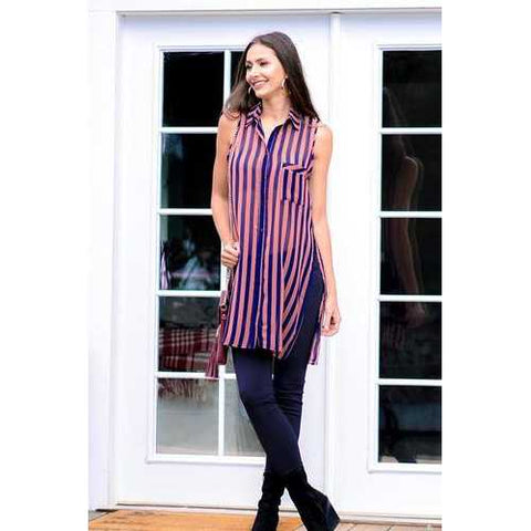 Women's Long Sheer Sleeveless Stripe Blouse