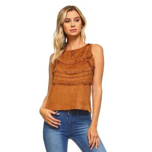 Women's Suede Fringe Laser Cut Tank Top